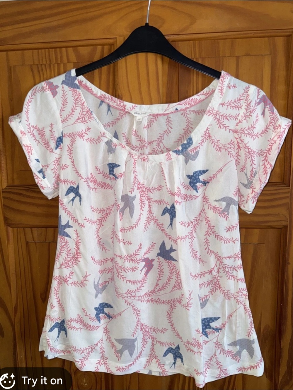 White Stuff Printed Top with Pink Coral and Blue Bird Motif size 6